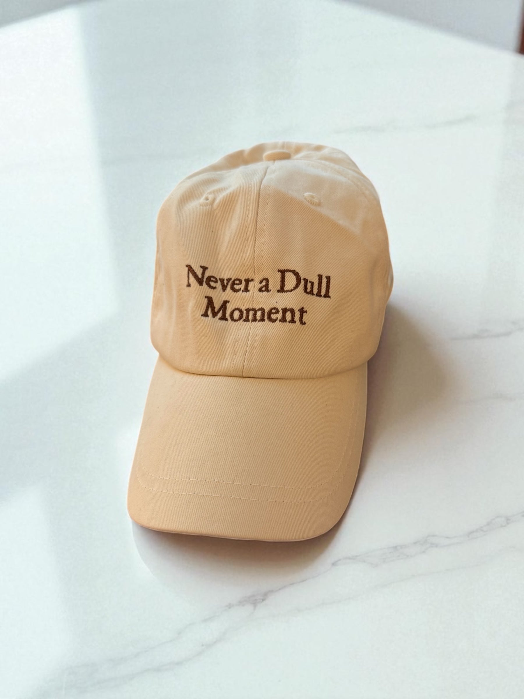 Cream Canvas Baseball hat with brown thread 'never a dull moment' on a countertop