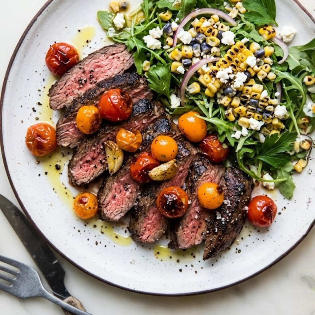 5-Ingredient Hanger Steak with Blistered Tomatoes and Corn-Arugula Salad