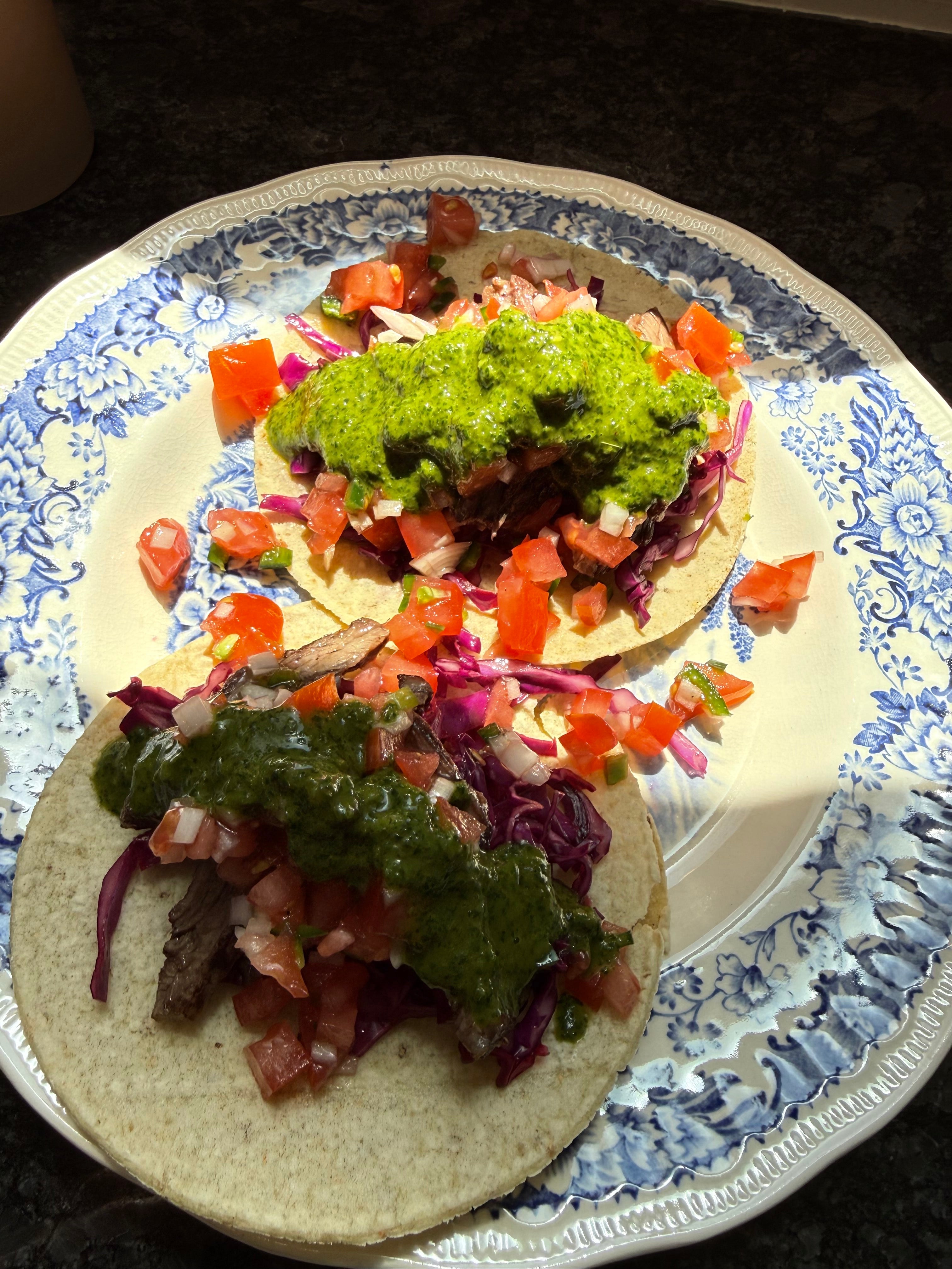 Skirt Steak Tacos with Cabbage Slaw, Pico, and Green Sauce