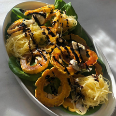 Roasted Squash Salad with Blue Cheese, Spaghetti Squash, and Balsamic Drizzle