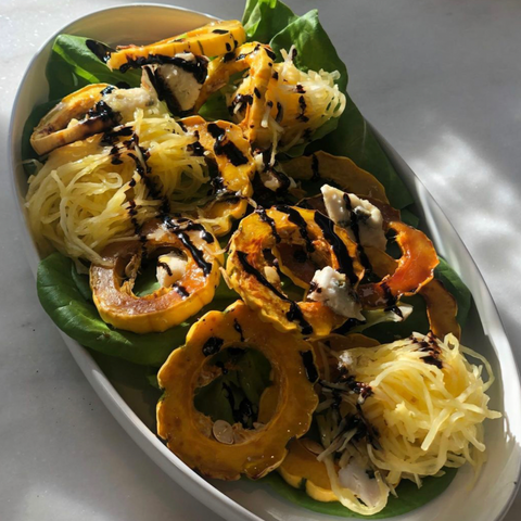 Roasted Squash Salad with Blue Cheese, Spaghetti Squash, and Balsamic Drizzle