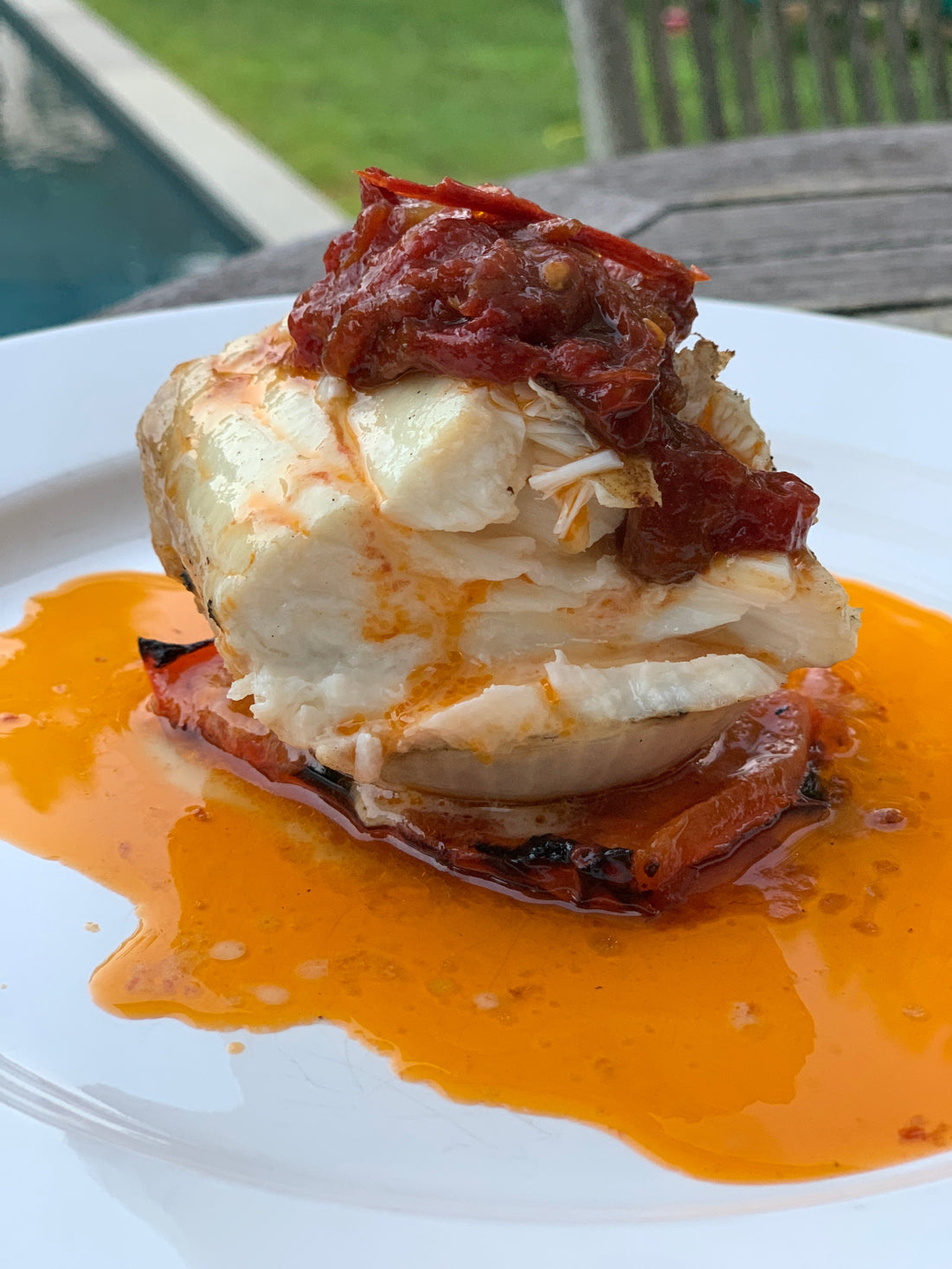 Grilled Cod with Roasted Pepper and Tomato Confit - Sole Cookware