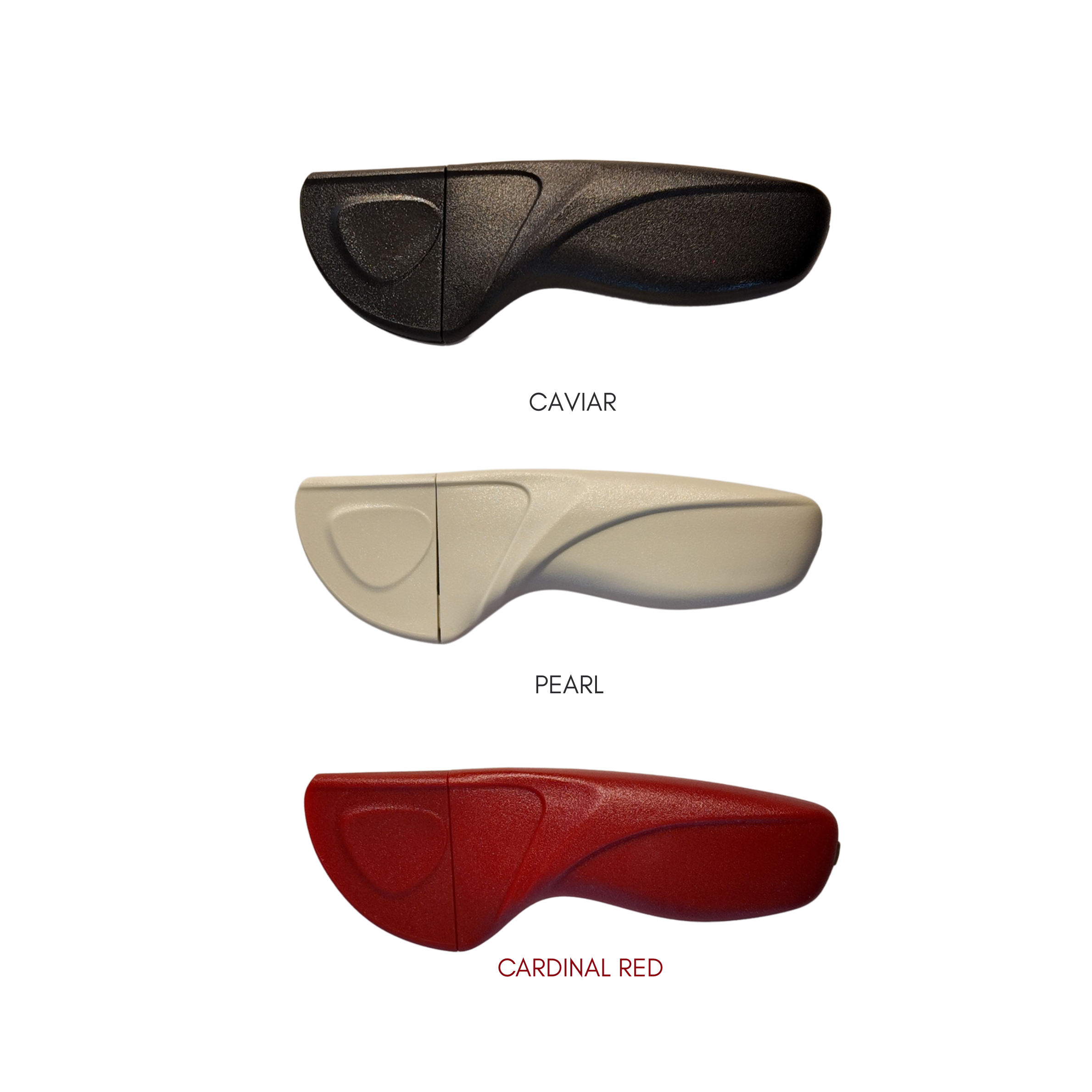 Three color options of a product labeled 'Caviar', 'Pearl', and 'Cardinal Red' on a white background.