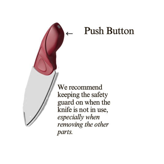 Knife with red handle and safety guard, labeled 'Push Button', on a white background.