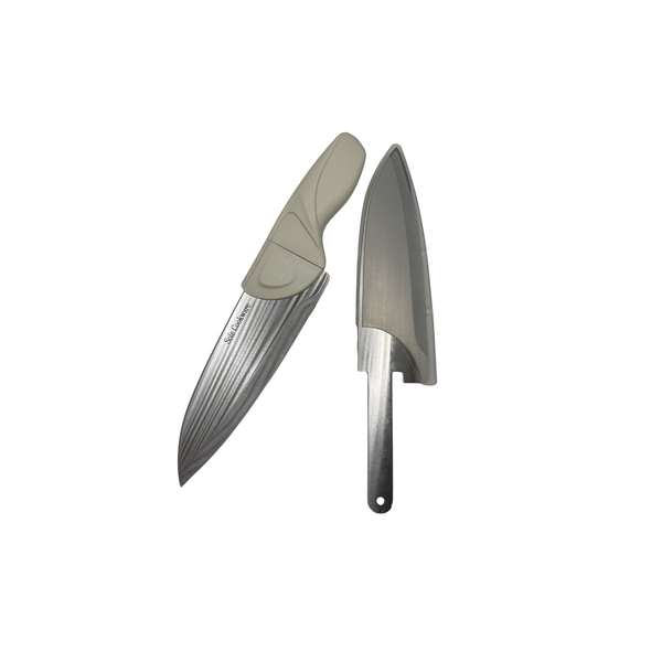 Two knives with gray handles on a white background