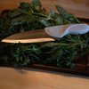 Cream Knife on a pile of green leafy vegetables on a wooden surface