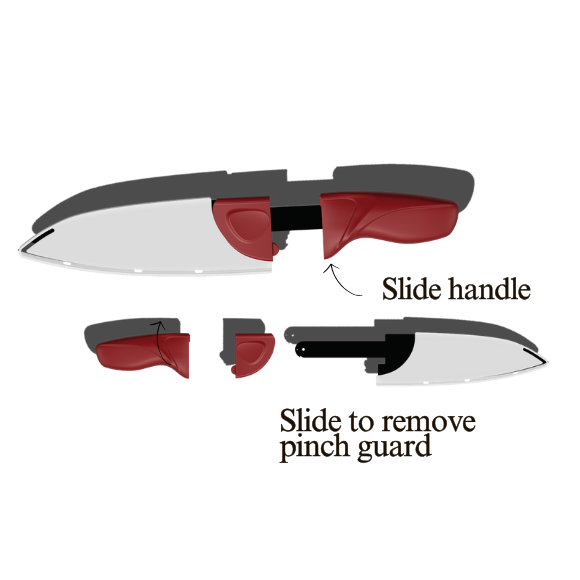 Knife with red handle and safety guard, labeled 'Push Button', on a white background.