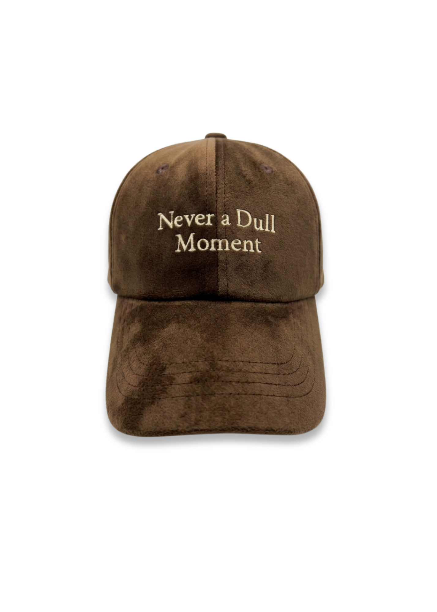 Brown cap with 'Never a Dull Moment' text on a white background