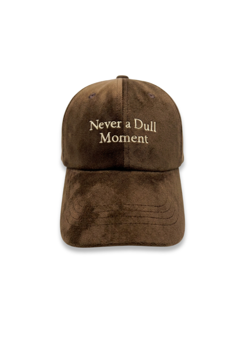 Brown cap with 'Never a Dull Moment' text on a white background