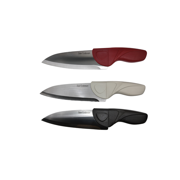 Three knives with different colored handles on a white background